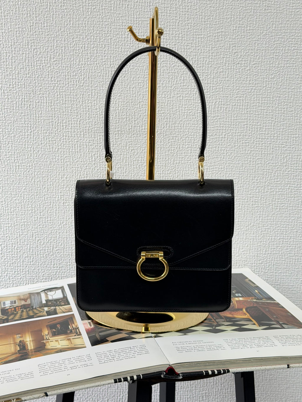 Celine Leather Top Handle Handbag Gancini Made in Italy Black