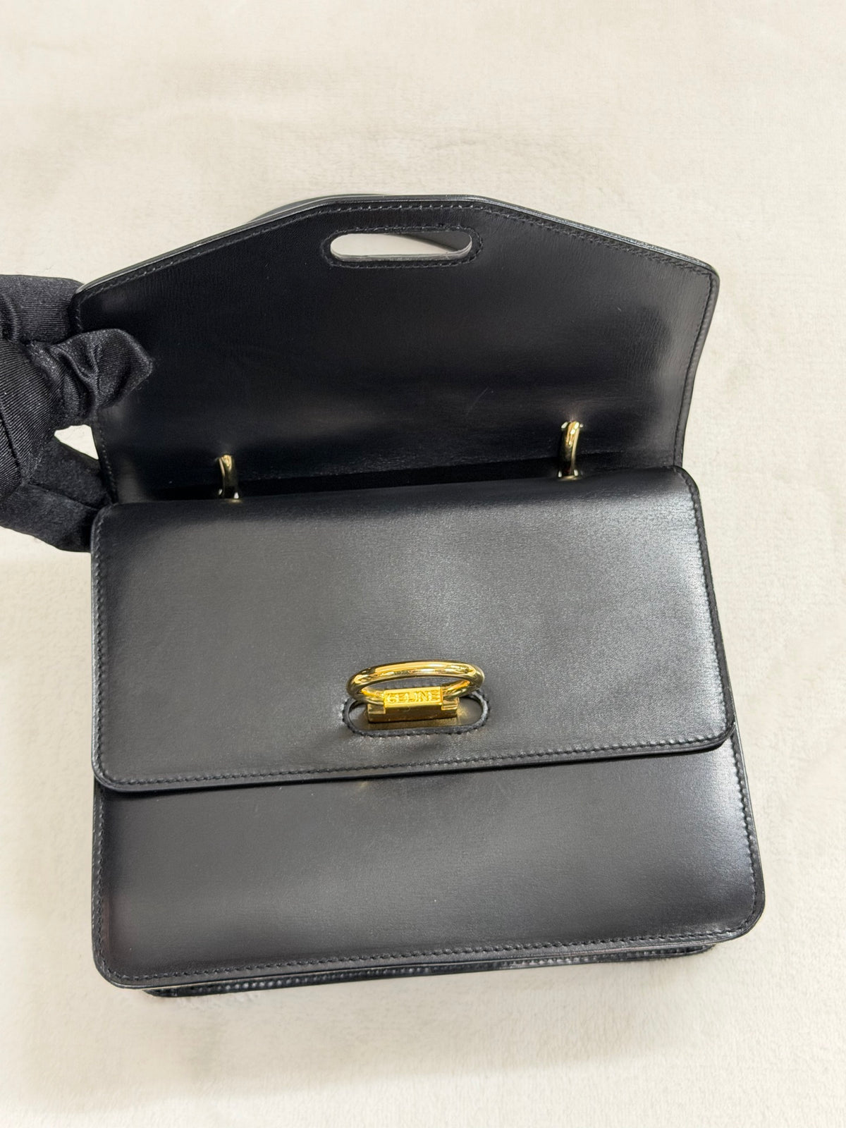 Celine Leather Top Handle Handbag Gancini Made in Italy Black