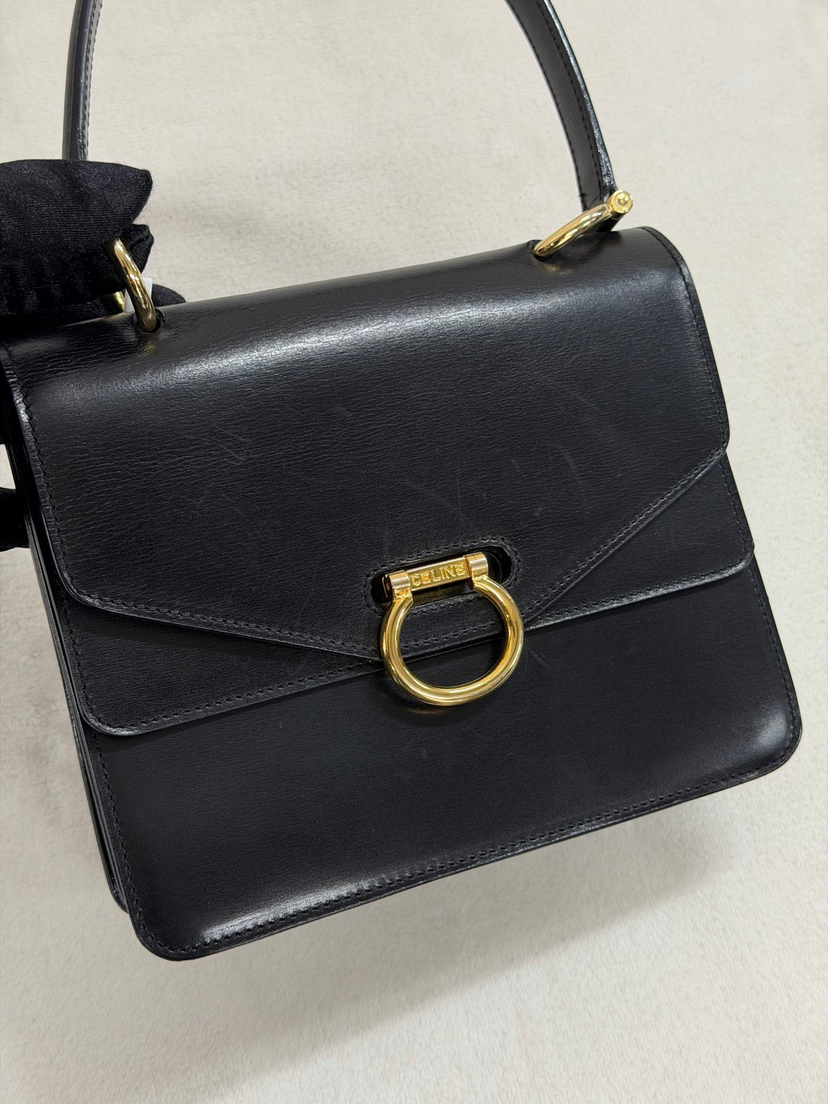 Celine Leather Top Handle Handbag Gancini Made in Italy Black