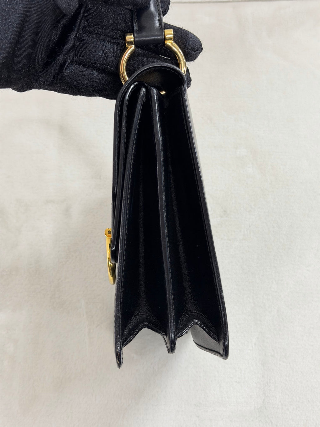 Celine Leather Top Handle Handbag Gancini Made in Italy Black