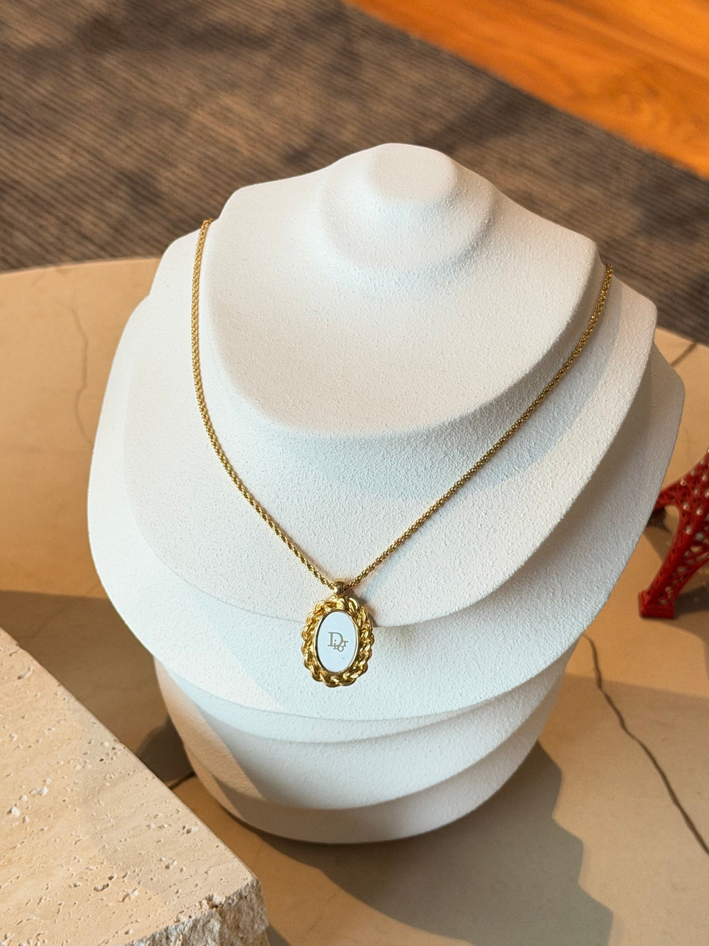 Christian Dior Logo Oval Enamel Rope Frame Pendant Necklace