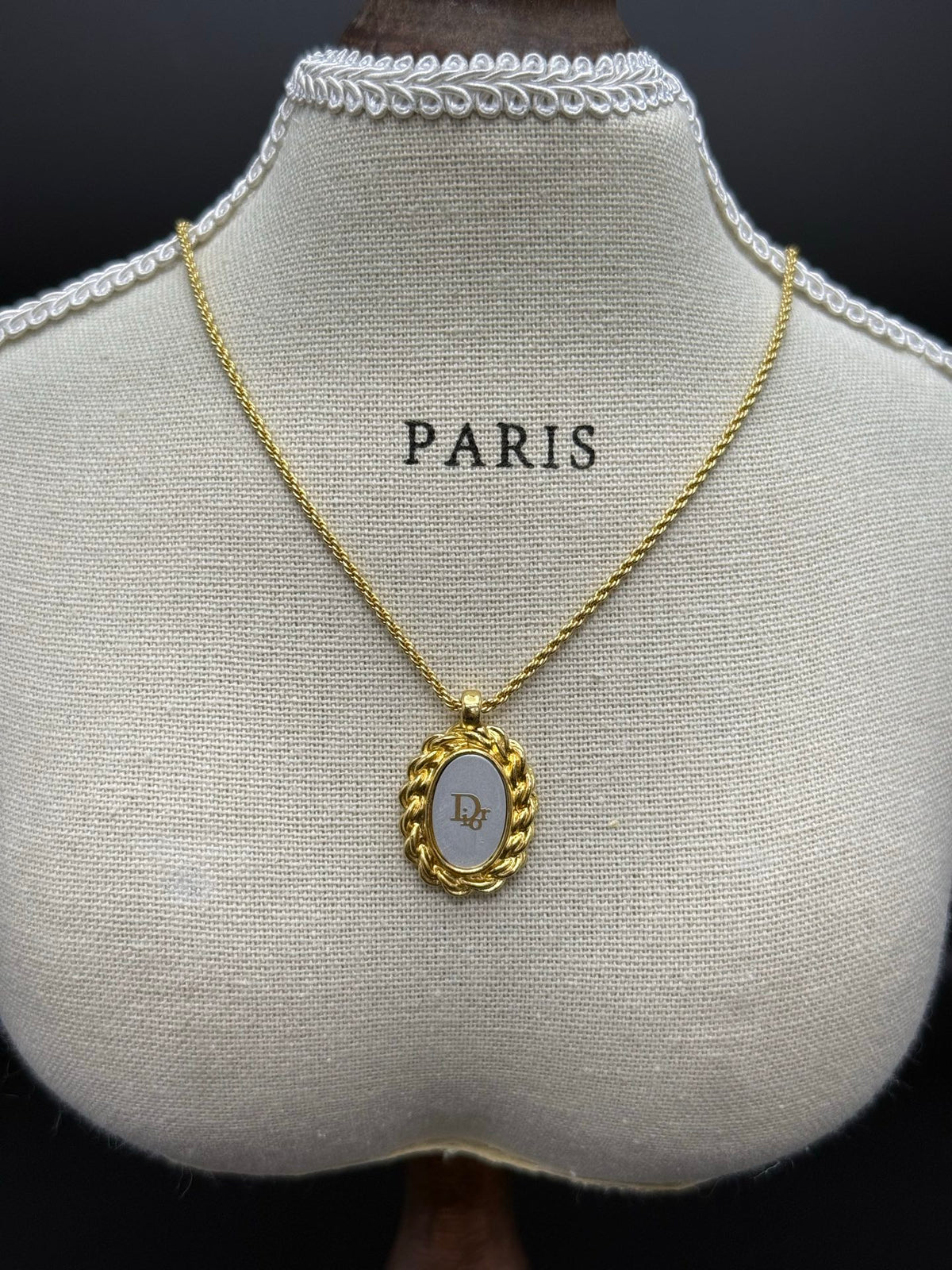 Christian Dior Logo Oval Enamel Rope Frame Pendant Necklace