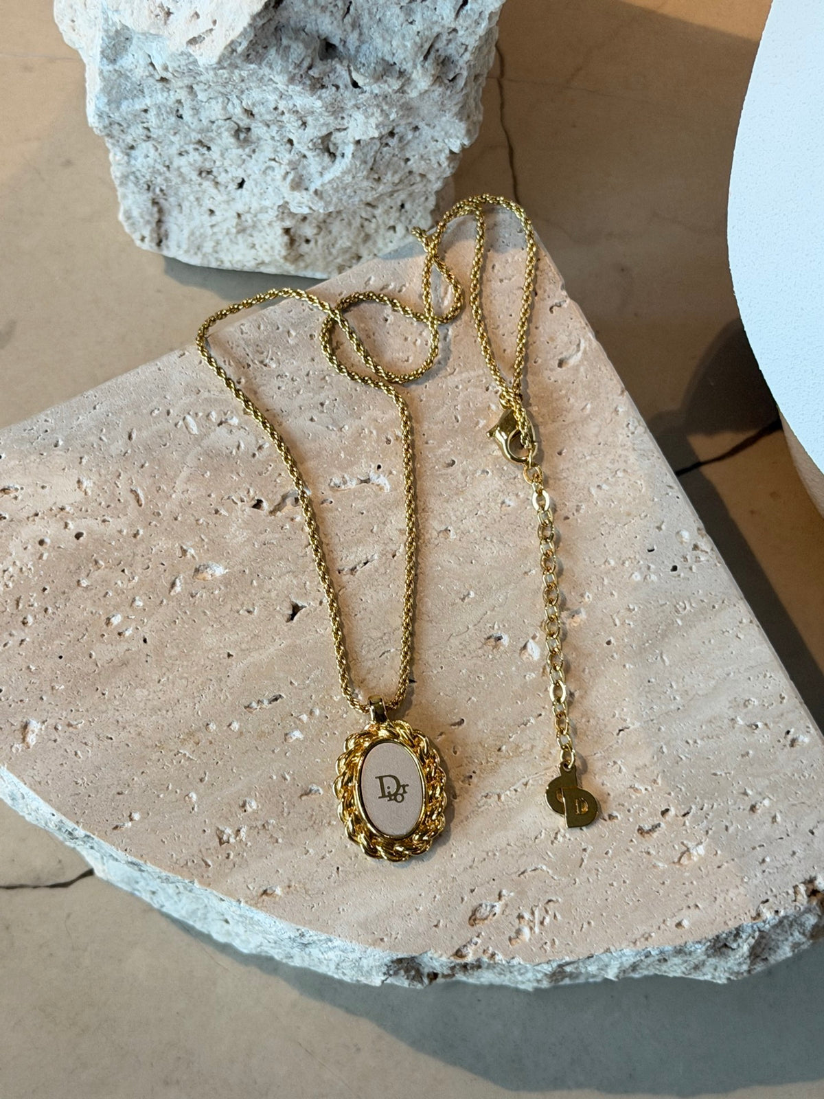 Christian Dior Logo Oval Enamel Rope Frame Pendant Necklace