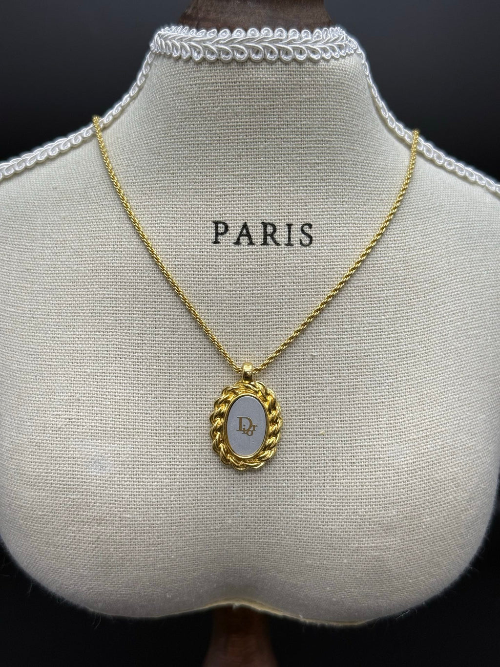 Christian Dior Logo Oval Enamel Rope Frame Pendant Necklace