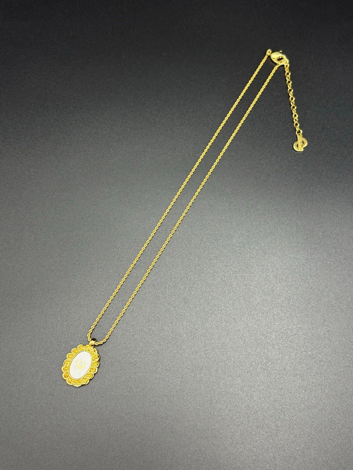Christian Dior Logo Oval Enamel Rope Frame Pendant Necklace