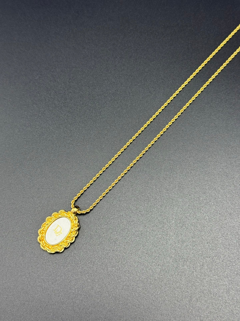 Christian Dior Logo Oval Enamel Rope Frame Pendant Necklace