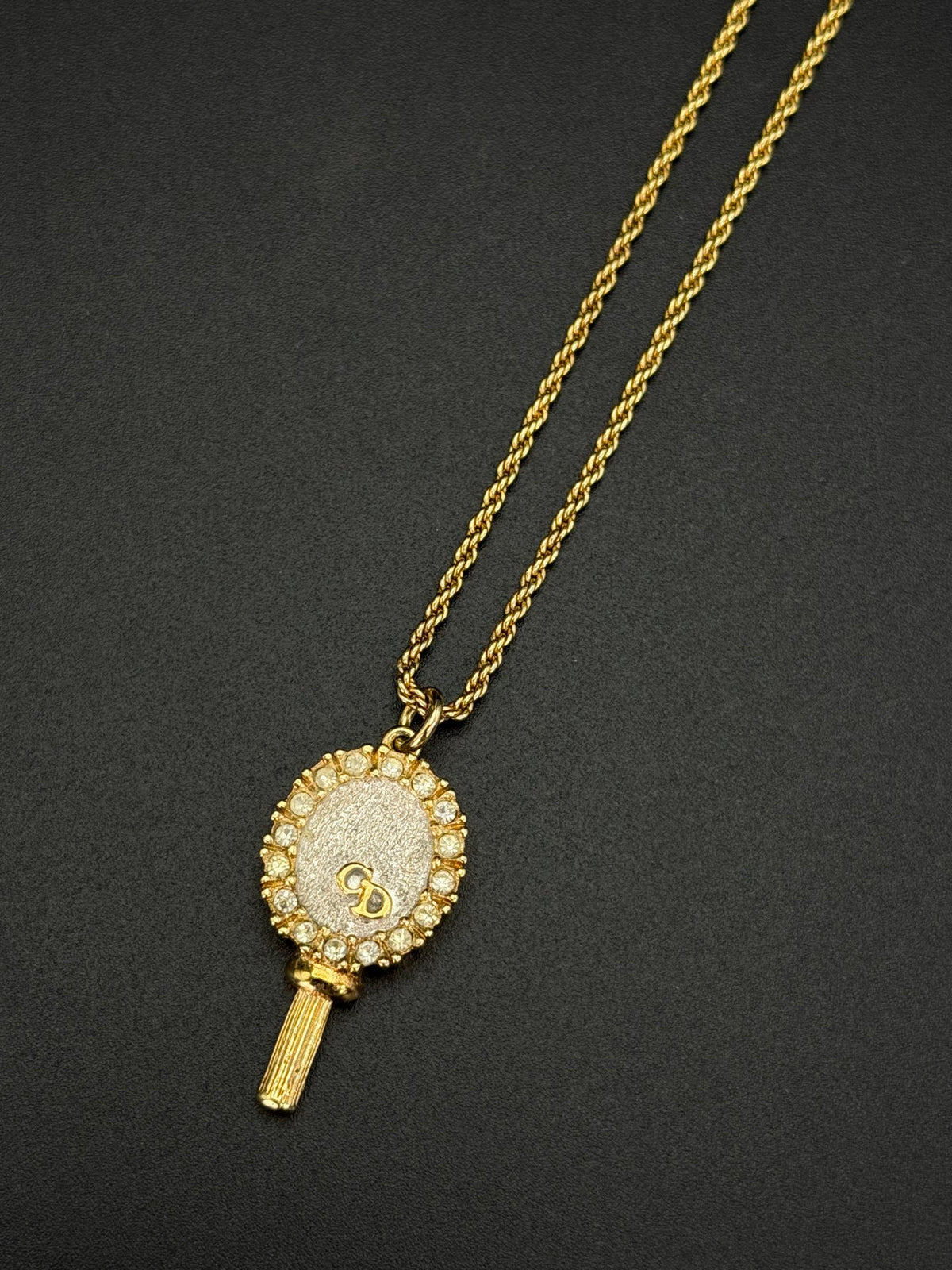 Christian Dior Signed Gold-Plated CD Logo Mirror Motif Pendant Necklace