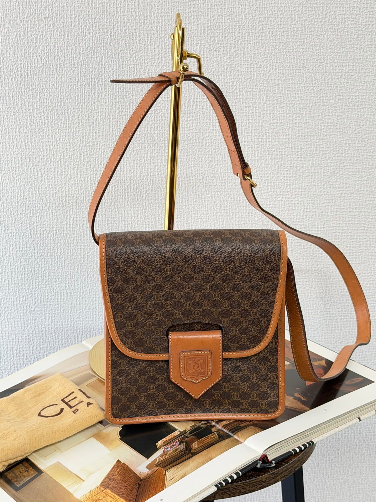 CELINE Macadam Triomphe Pattern Coated Canvas Flap Shoulder Bag Brown