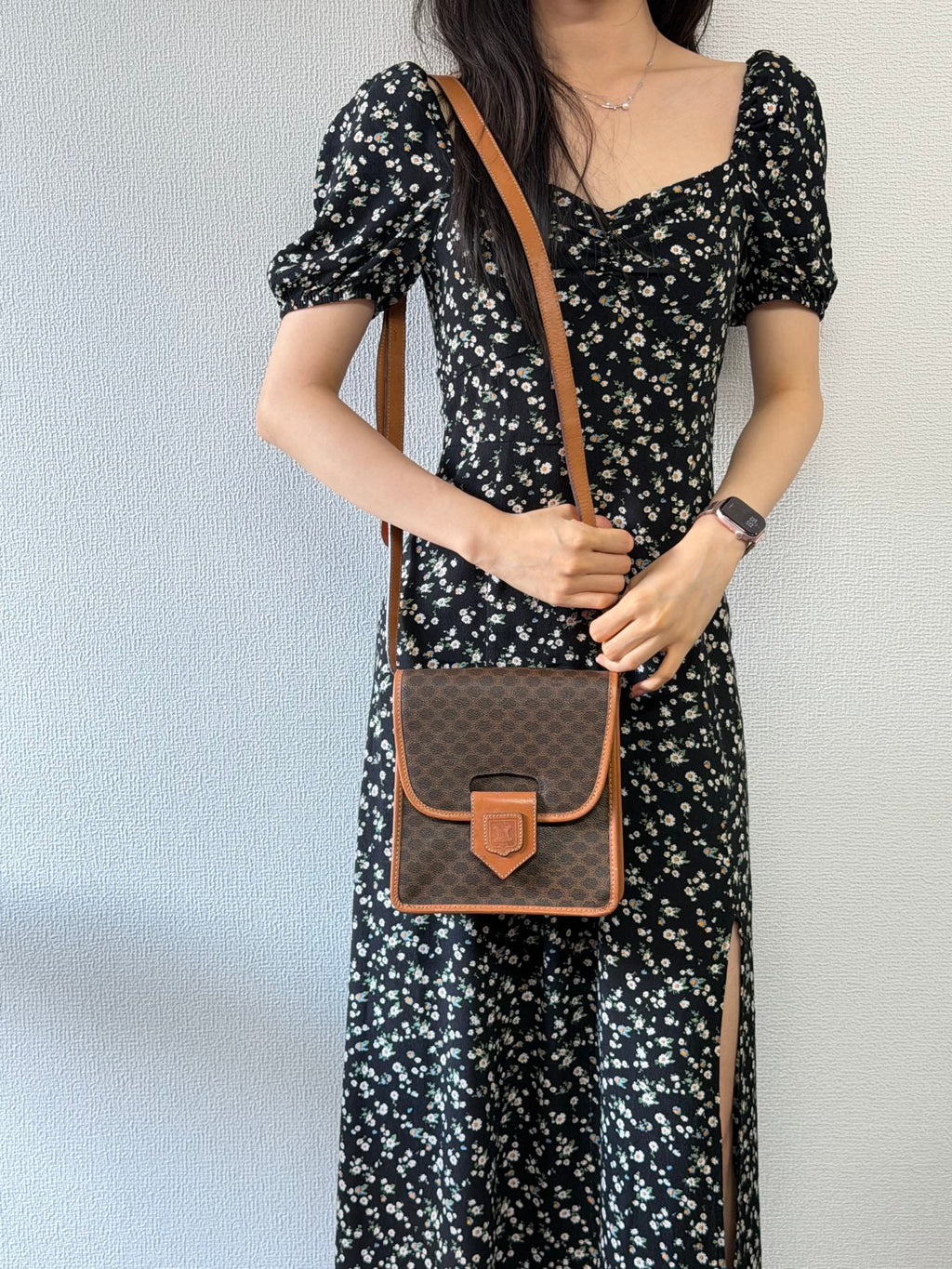 CELINE Macadam Triomphe Pattern Coated Canvas Flap Shoulder Bag Brown