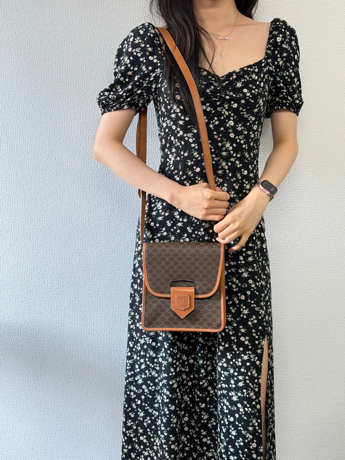 CELINE Macadam Triomphe Pattern Coated Canvas Flap Shoulder Bag Brown