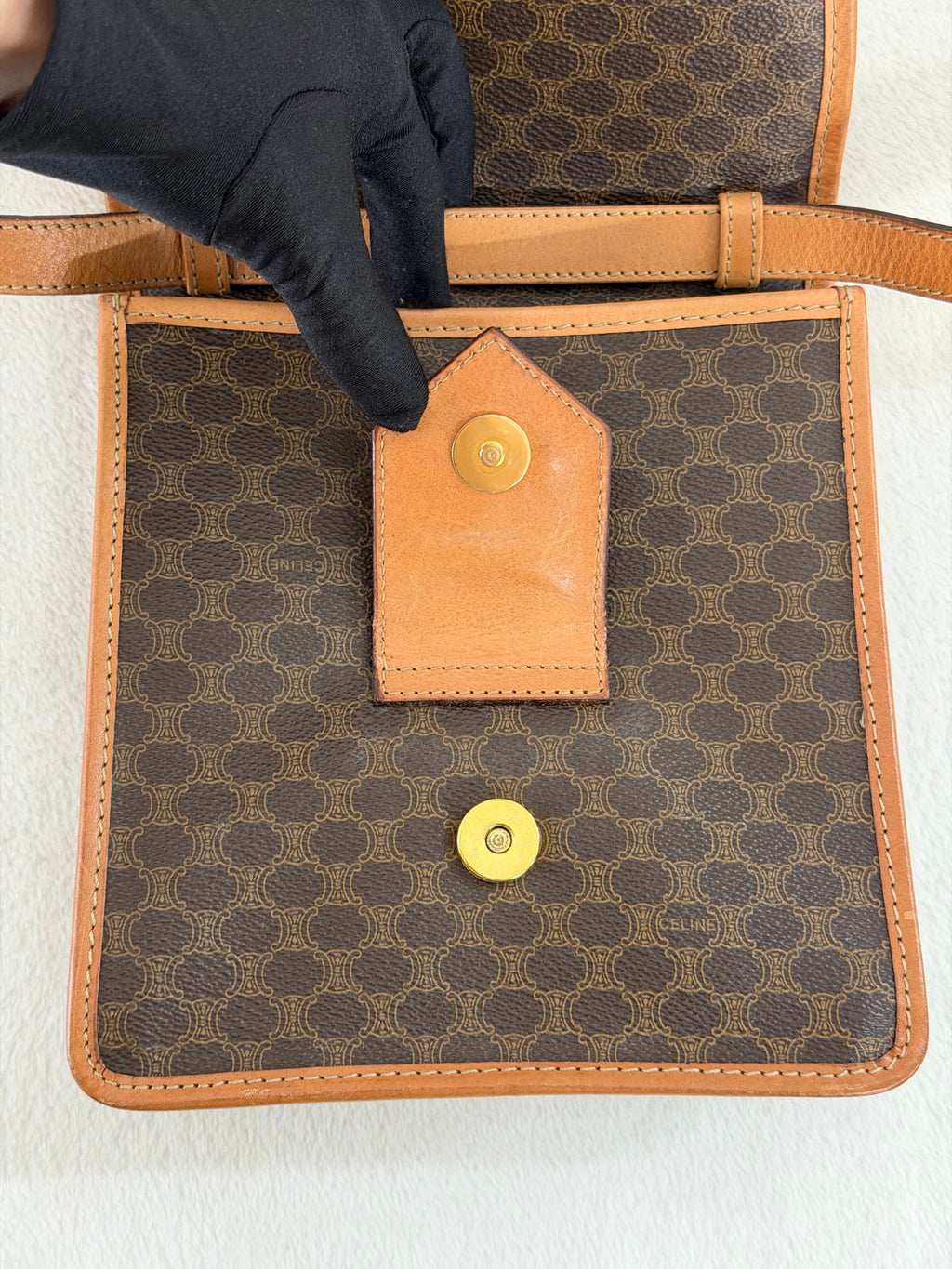 CELINE Macadam Triomphe Pattern Coated Canvas Flap Shoulder Bag Brown