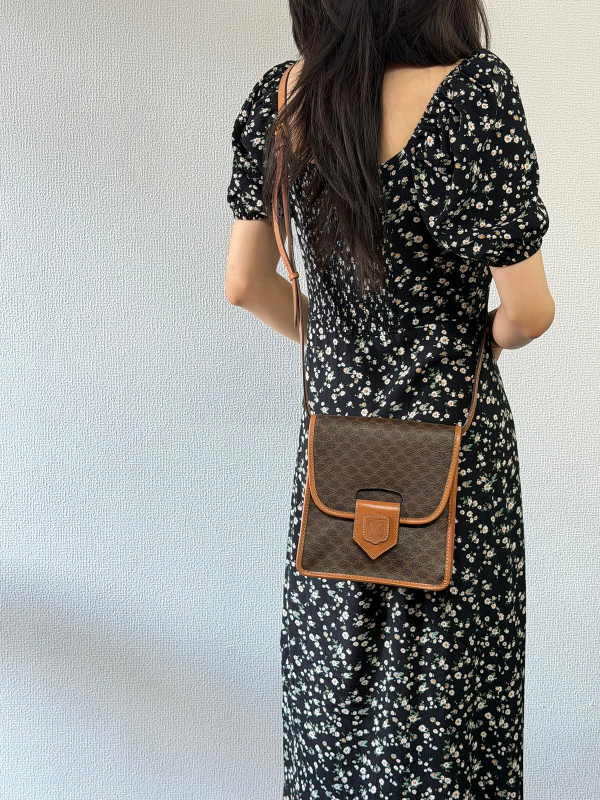 CELINE Macadam Triomphe Pattern Coated Canvas Flap Shoulder Bag Brown