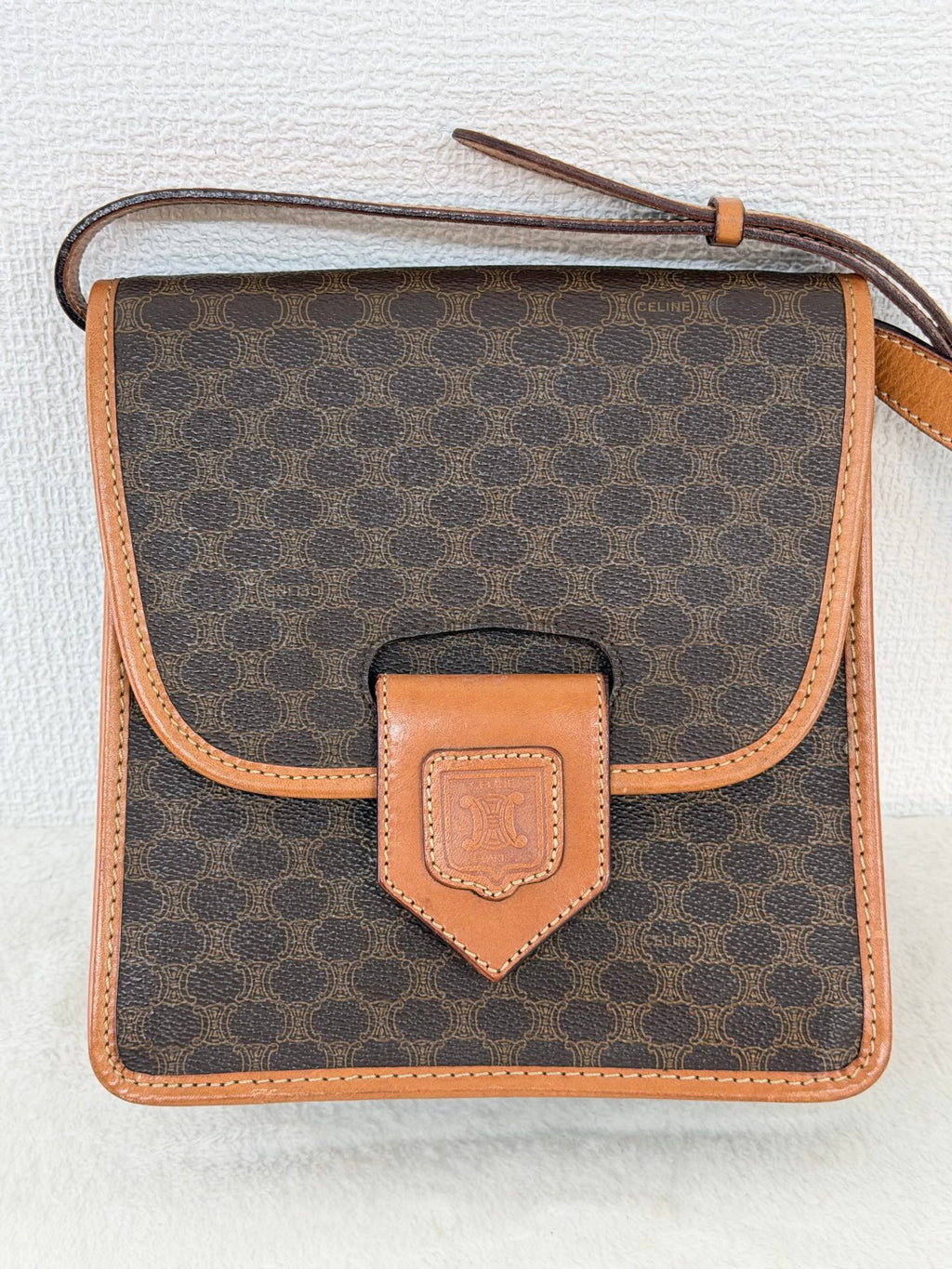 CELINE Macadam Triomphe Pattern Coated Canvas Flap Shoulder Bag Brown
