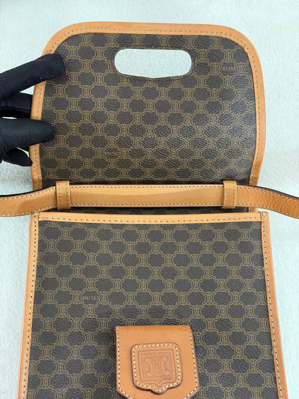 CELINE Macadam Triomphe Pattern Coated Canvas Flap Shoulder Bag Brown