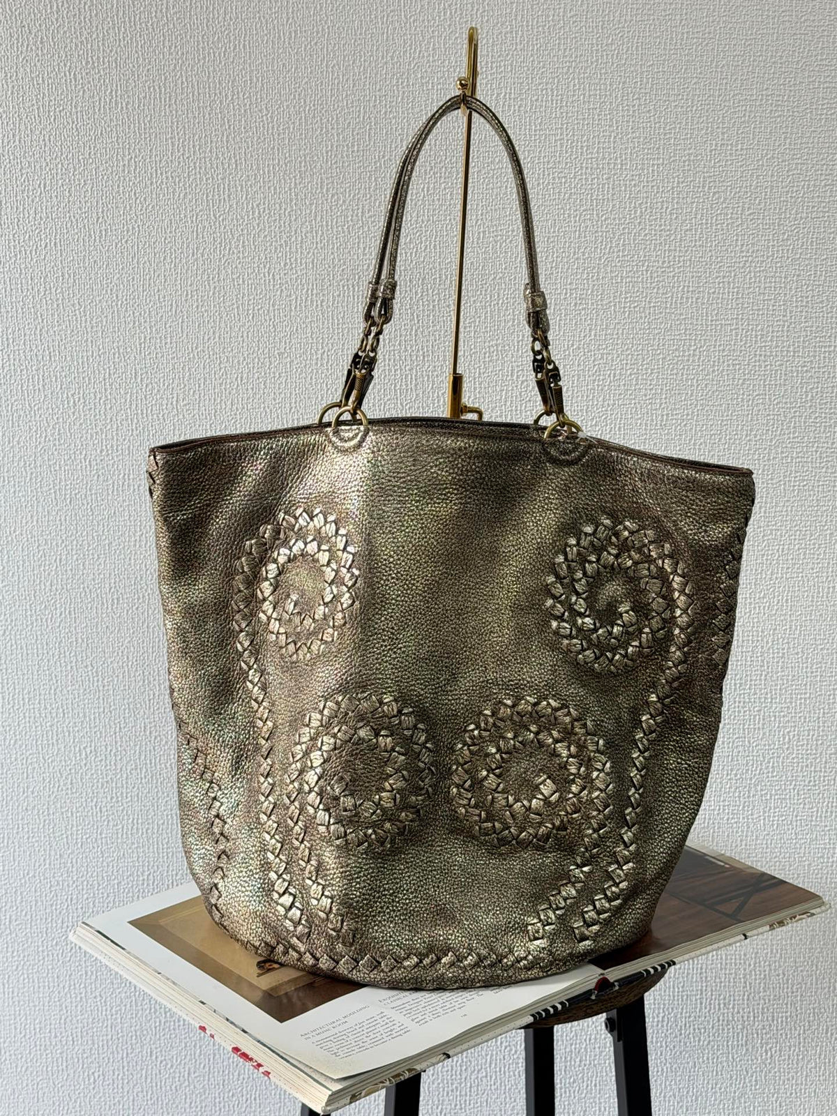BOTTEGA VENETA Metallic Gold Intrecciato Spiral Trim Leather Bucket Tote Bag
