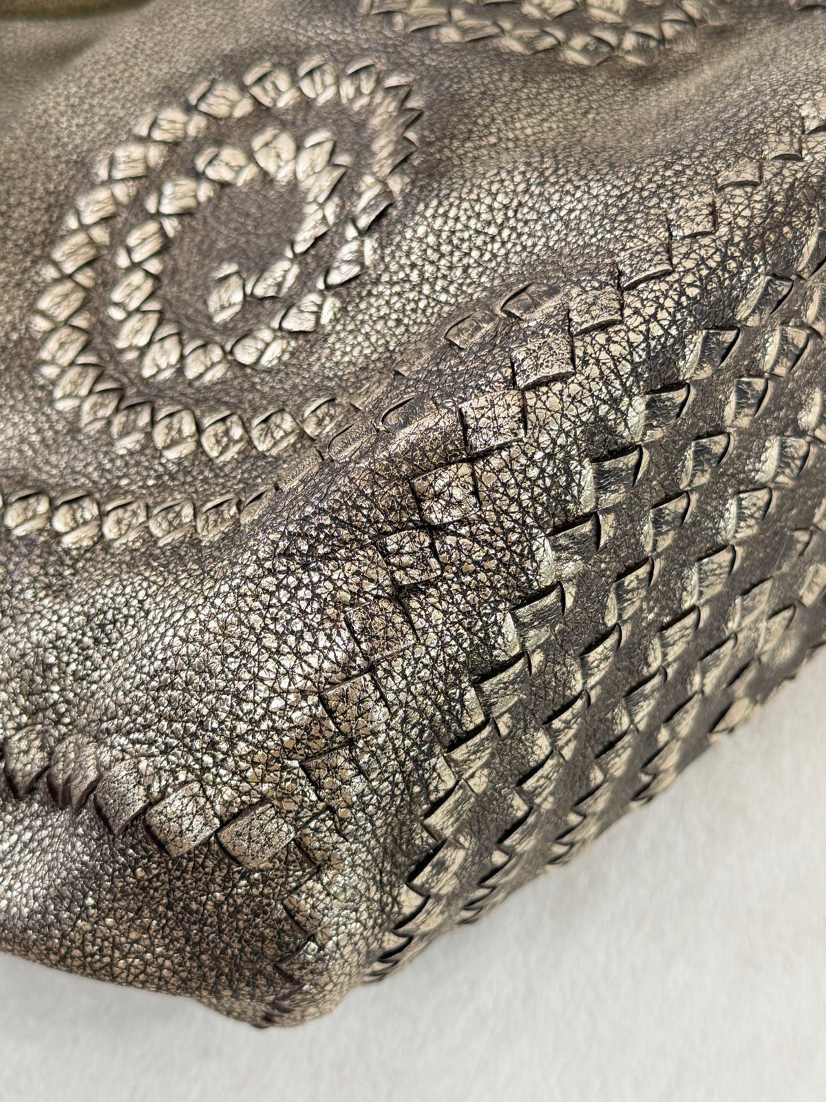 BOTTEGA VENETA Metallic Gold Intrecciato Spiral Trim Leather Bucket Tote Bag