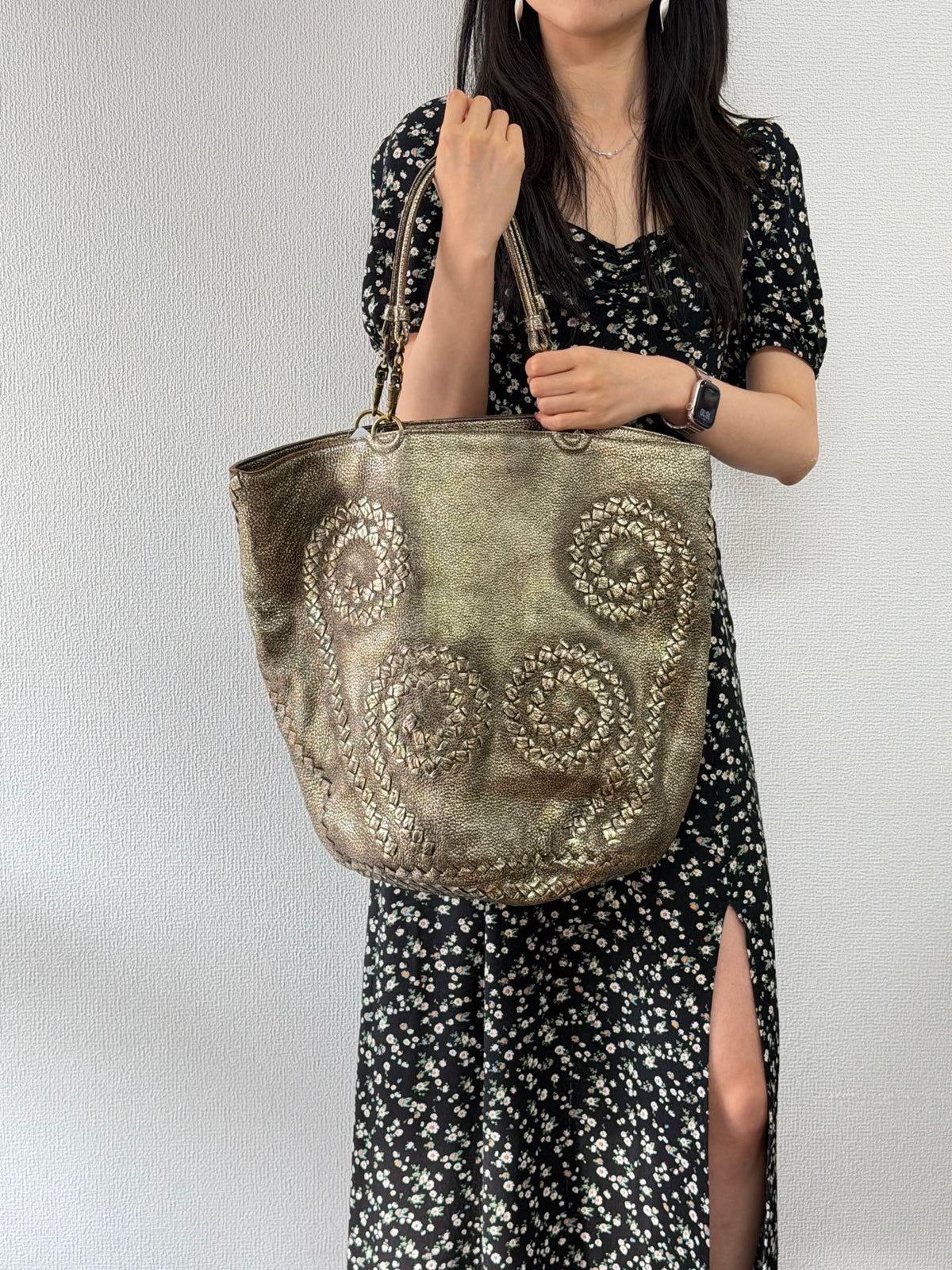BOTTEGA VENETA Metallic Gold Intrecciato Spiral Trim Leather Bucket Tote Bag