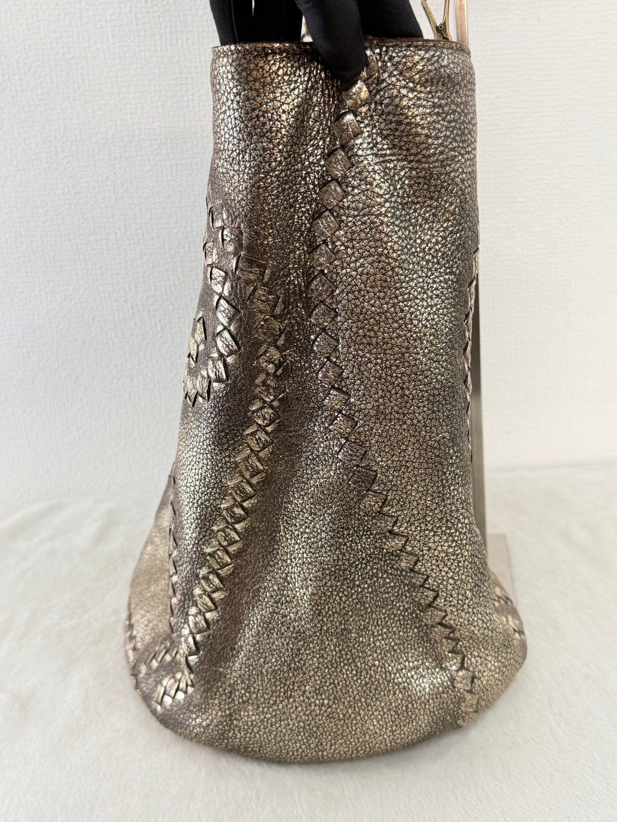BOTTEGA VENETA Metallic Gold Intrecciato Spiral Trim Leather Bucket Tote Bag
