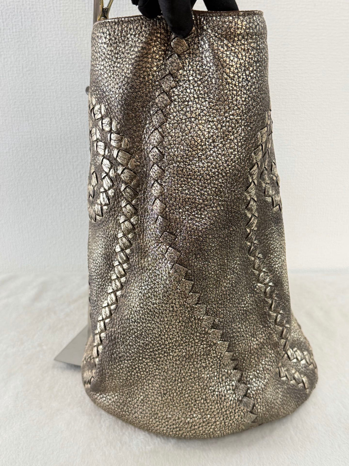 BOTTEGA VENETA Metallic Gold Intrecciato Spiral Trim Leather Bucket Tote Bag