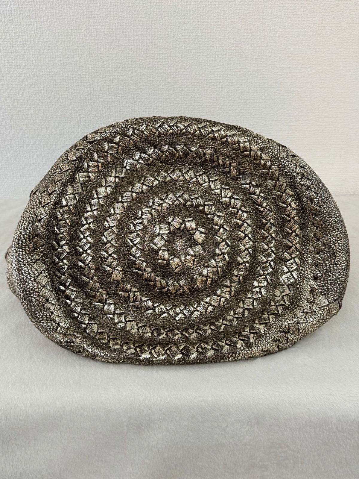 BOTTEGA VENETA Metallic Gold Intrecciato Spiral Trim Leather Bucket Tote Bag
