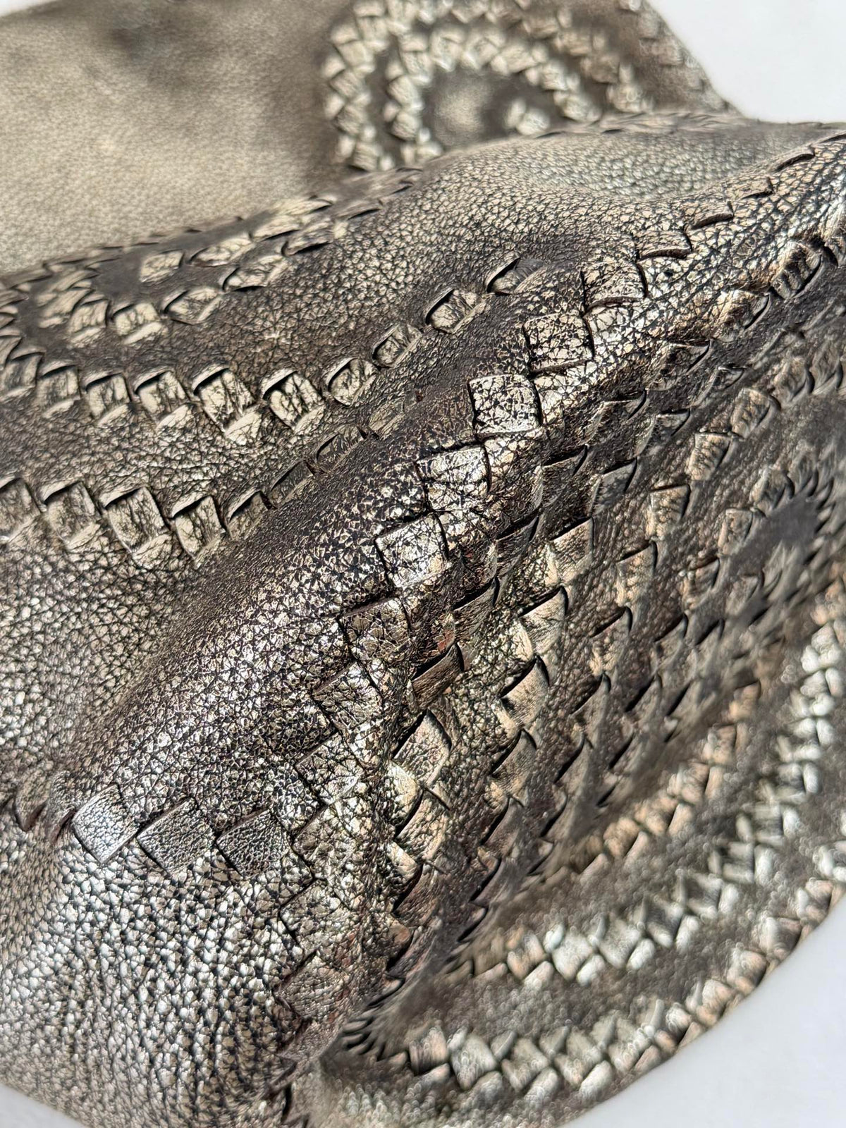 BOTTEGA VENETA Metallic Gold Intrecciato Spiral Trim Leather Bucket Tote Bag