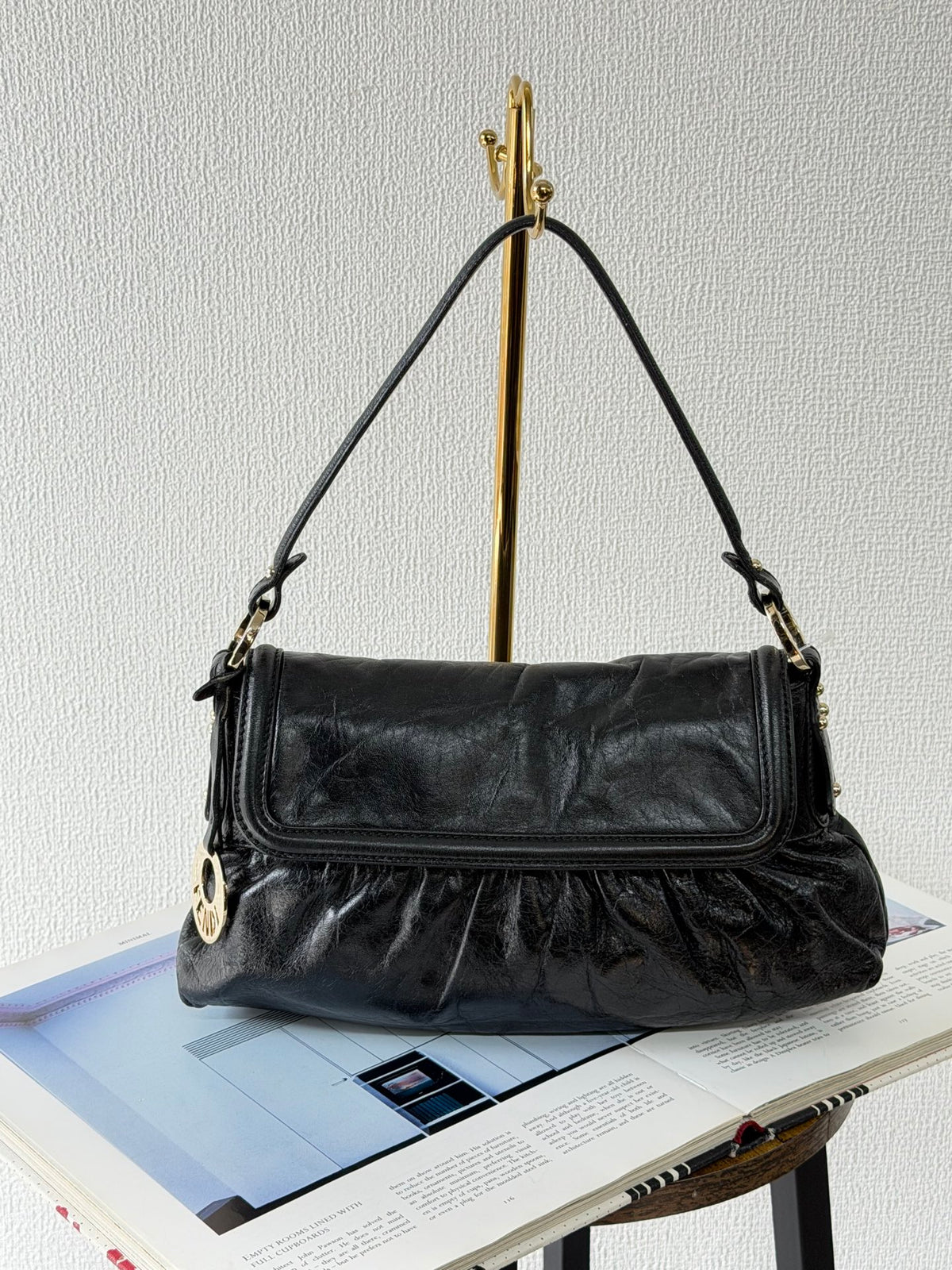 FENDI Black Leather Small Chef Flap Shoulder Bag with Logo Charm