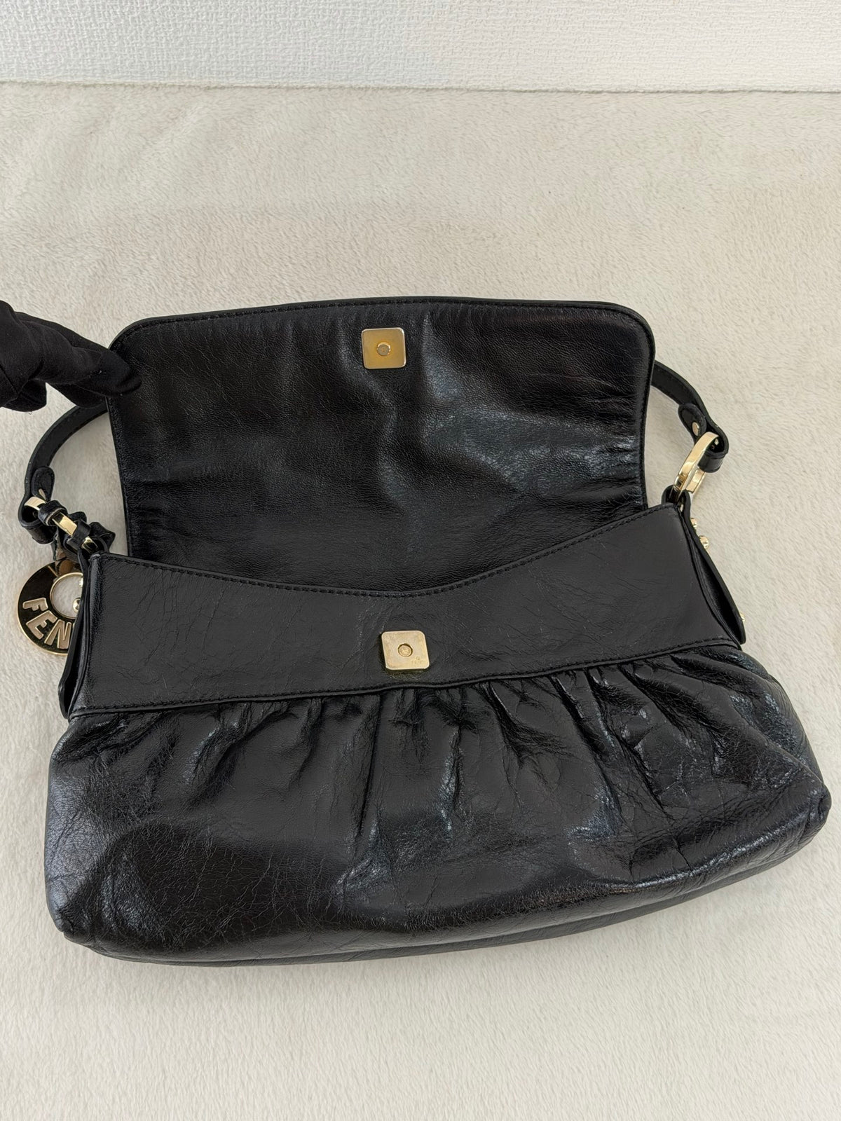 FENDI Black Leather Small Chef Flap Shoulder Bag with Logo Charm