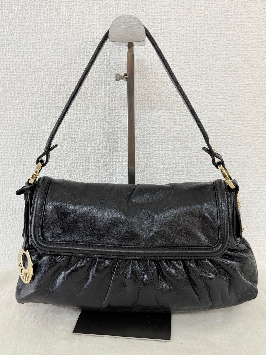 FENDI Black Leather Small Chef Flap Shoulder Bag with Logo Charm