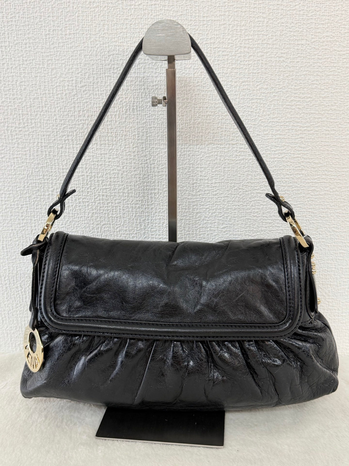 FENDI Black Leather Small Chef Flap Shoulder Bag with Logo Charm