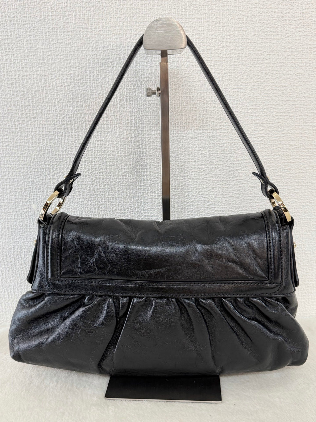 FENDI Black Leather Small Chef Flap Shoulder Bag with Logo Charm