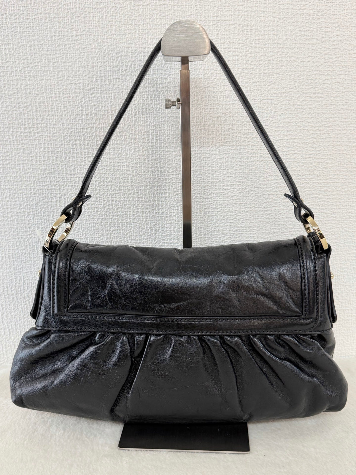 FENDI Black Leather Small Chef Flap Shoulder Bag with Logo Charm