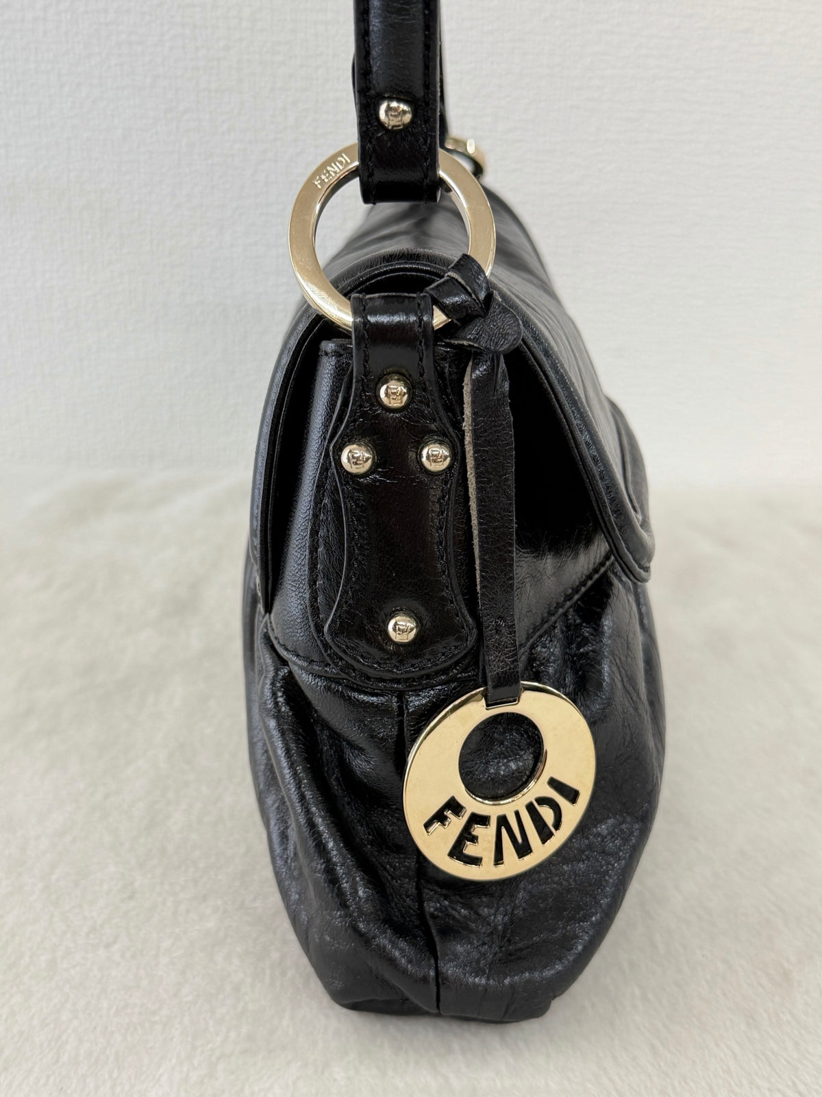 FENDI Black Leather Small Chef Flap Shoulder Bag with Logo Charm