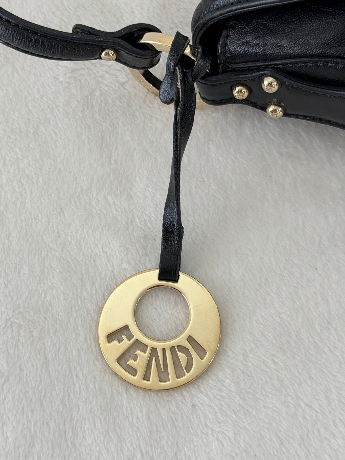 FENDI Black Leather Small Chef Flap Shoulder Bag with Logo Charm
