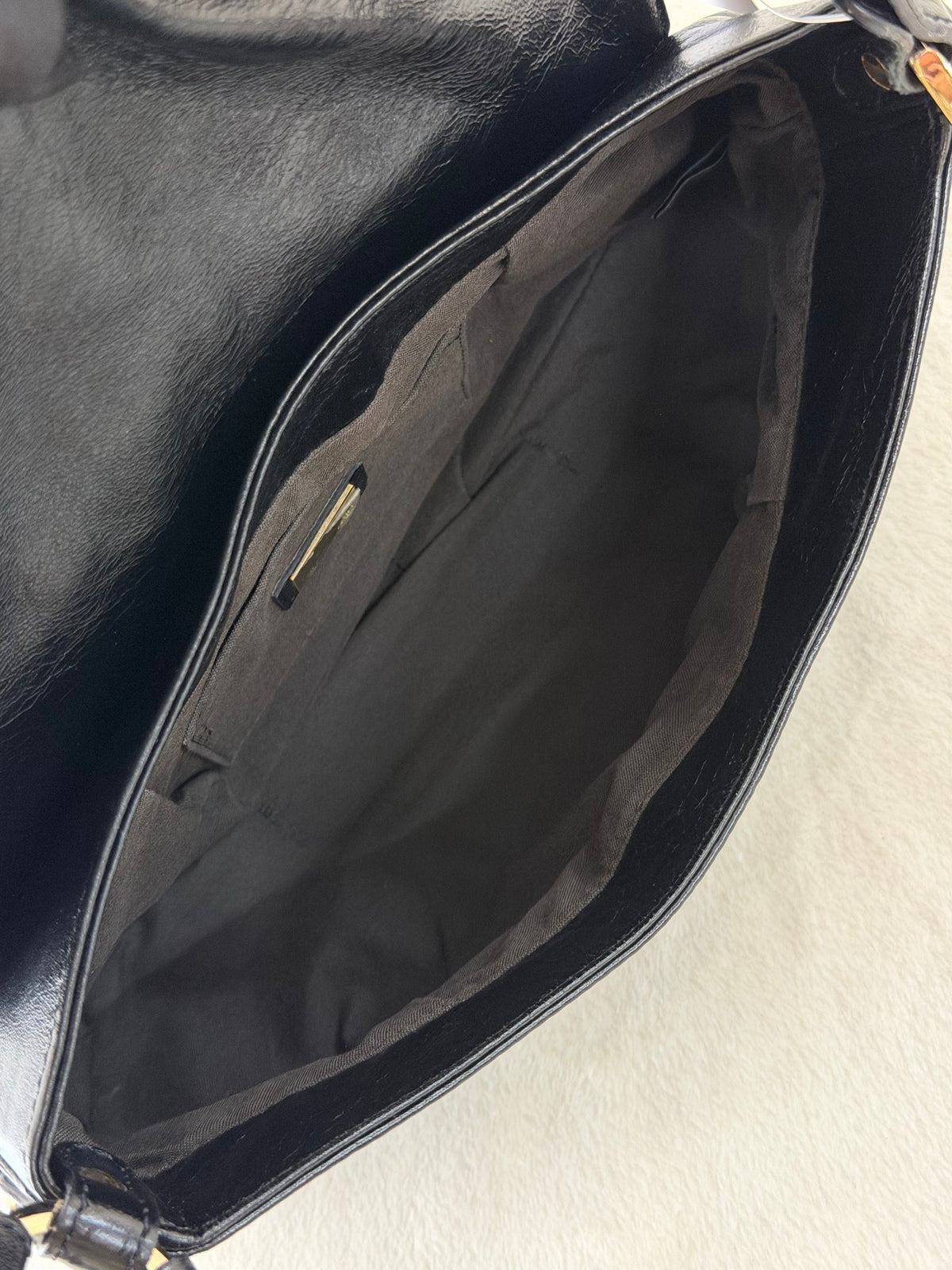 FENDI Black Leather Small Chef Flap Shoulder Bag with Logo Charm