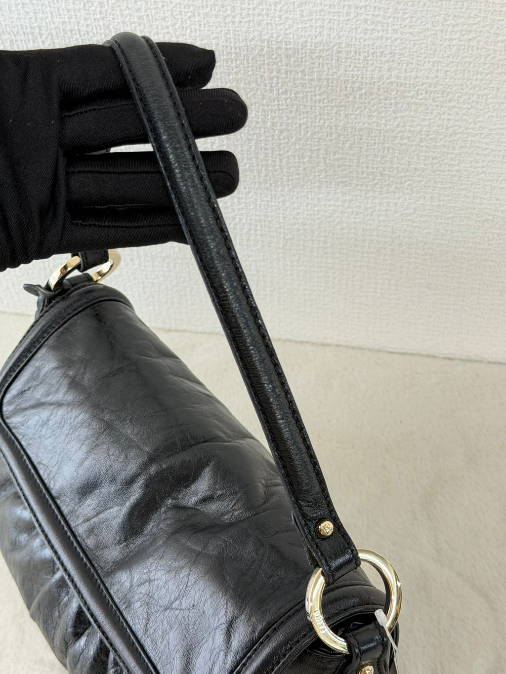 FENDI Black Leather Small Chef Flap Shoulder Bag with Logo Charm