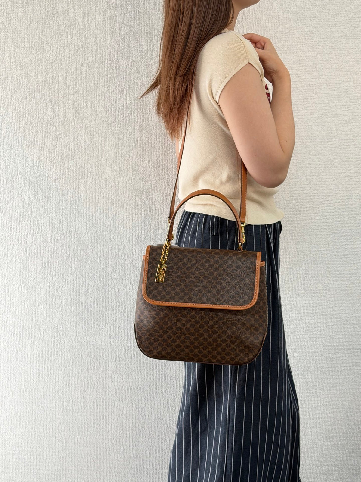 CELINE Macadam Flap Top Handle Bag 2WAY Shoulder Bag with Logo Charm