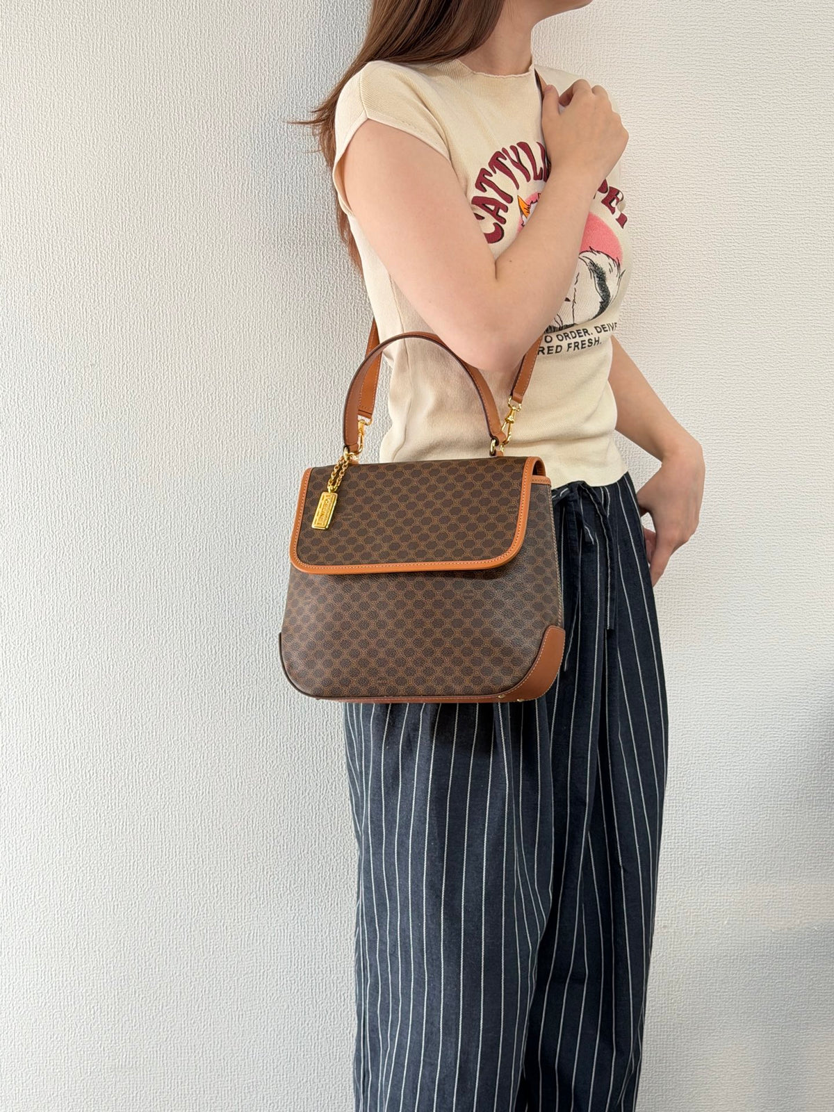 CELINE Macadam Flap Top Handle Bag 2WAY Shoulder Bag with Logo Charm