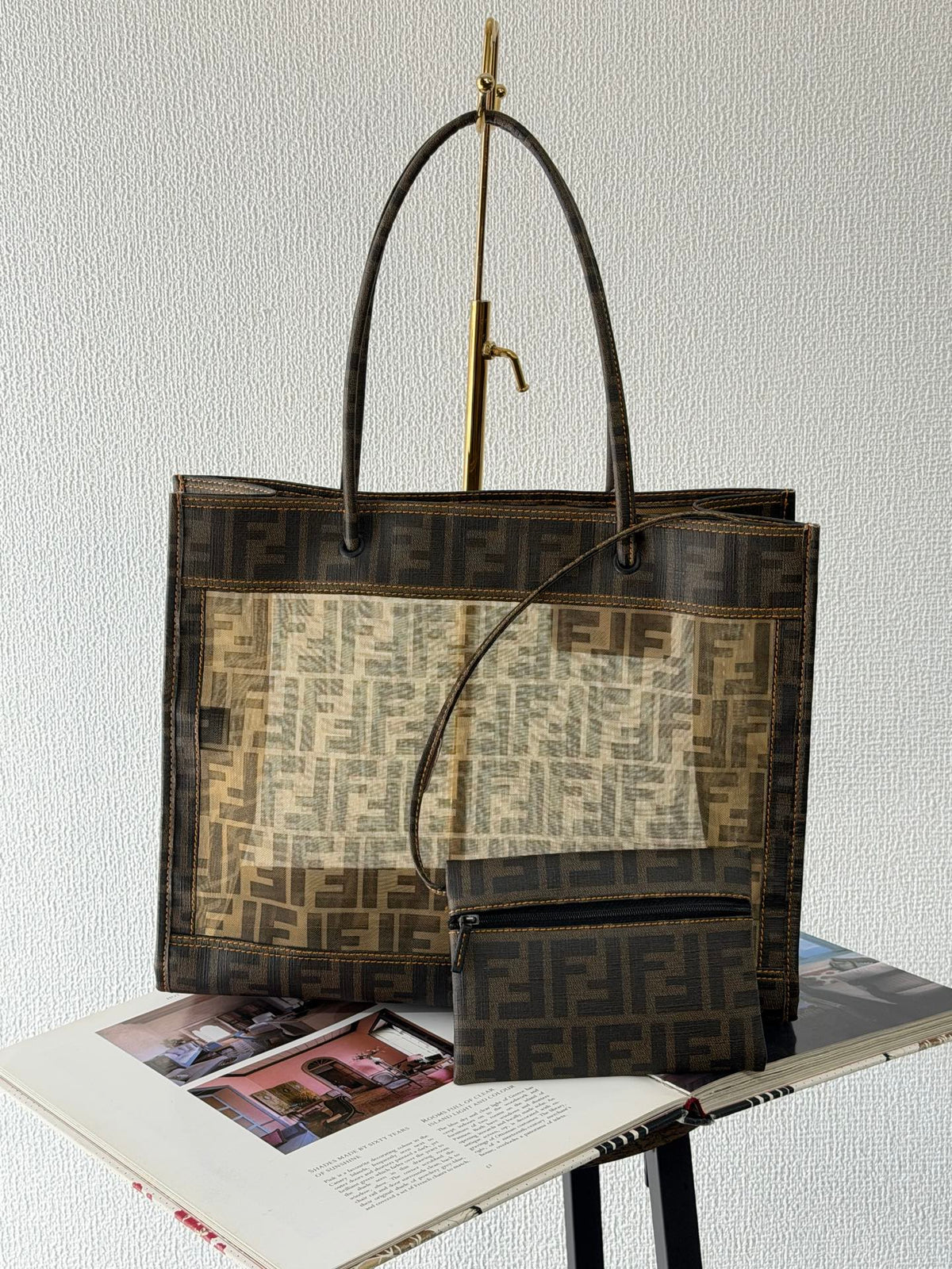 FENDI Zucca Pattern Mesh Square Tote Bag with Matching Pouch