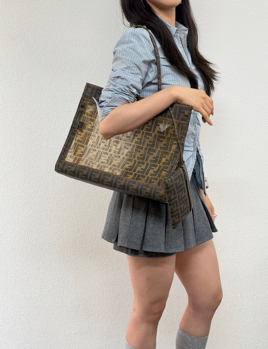 FENDI Zucca Pattern Mesh Square Tote Bag with Matching Pouch