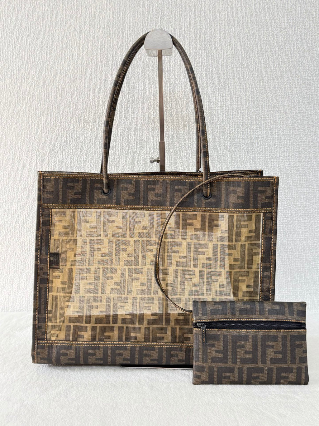 FENDI Zucca Pattern Mesh Square Tote Bag with Matching Pouch
