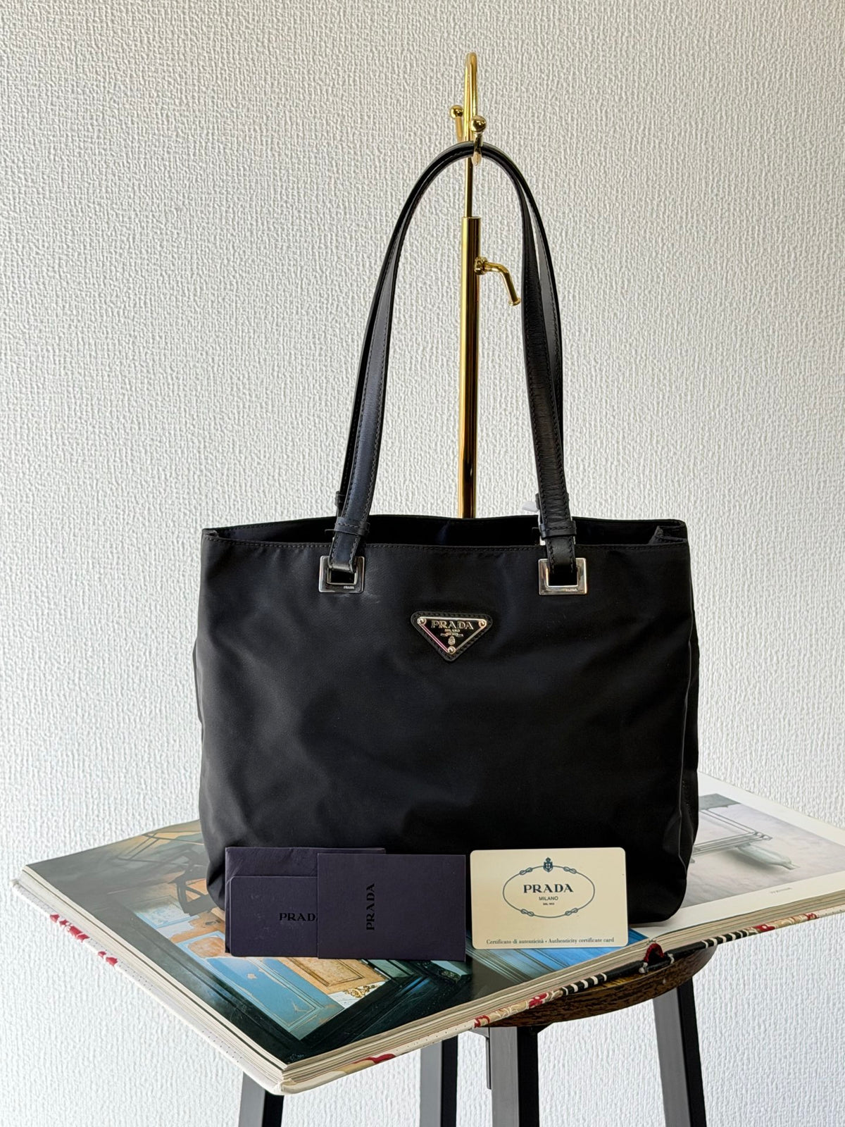 PRADA Tessuto Nylon Square Tote Bag Black with Authenticity Card