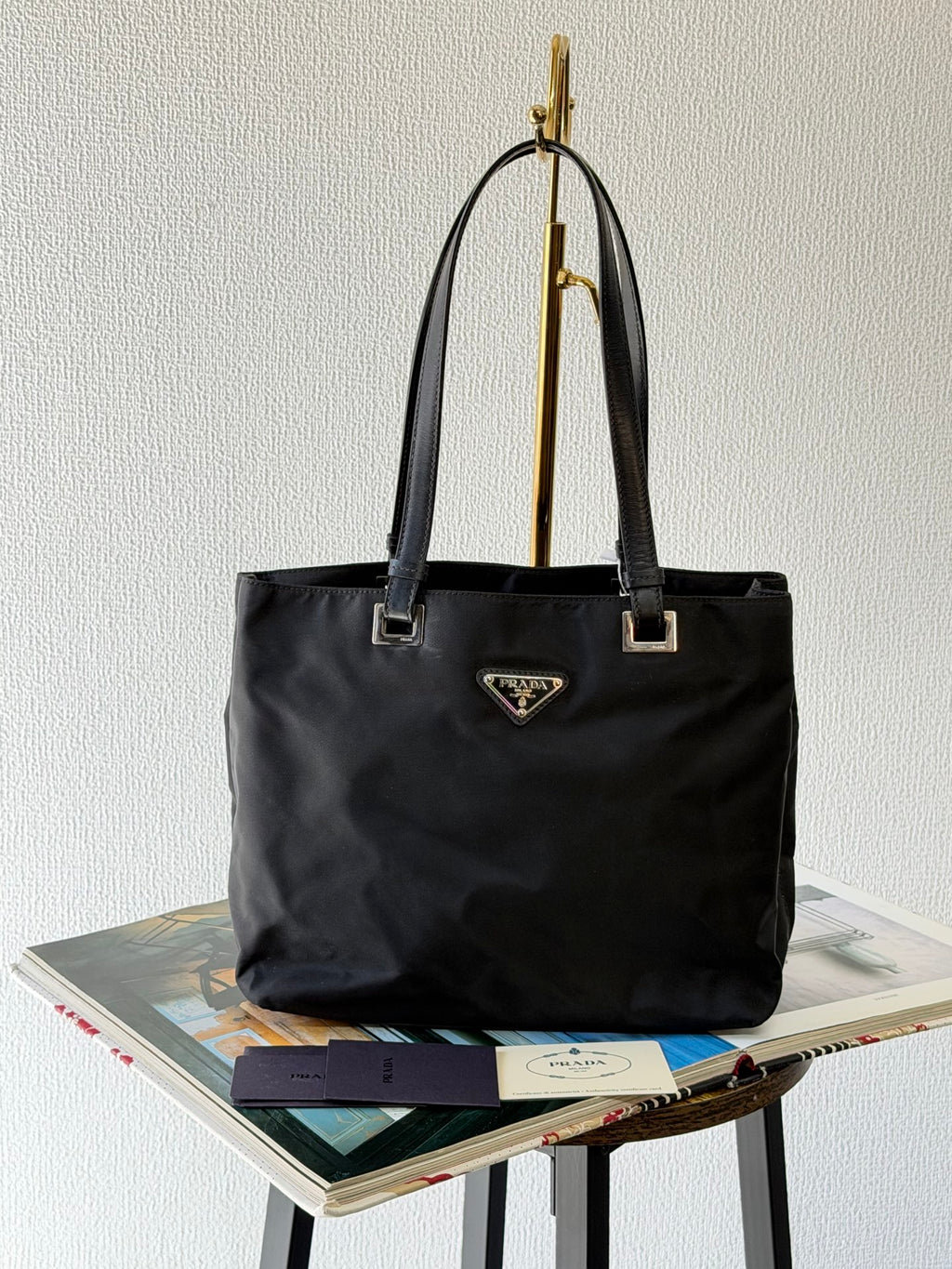 PRADA Tessuto Nylon Square Tote Bag Black with Authenticity Card
