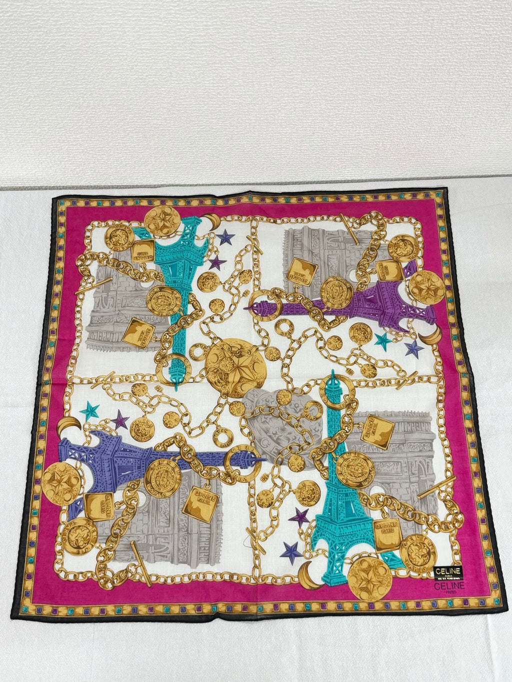 Celine Paris Landmarks & Golden Chain Silk Scarf