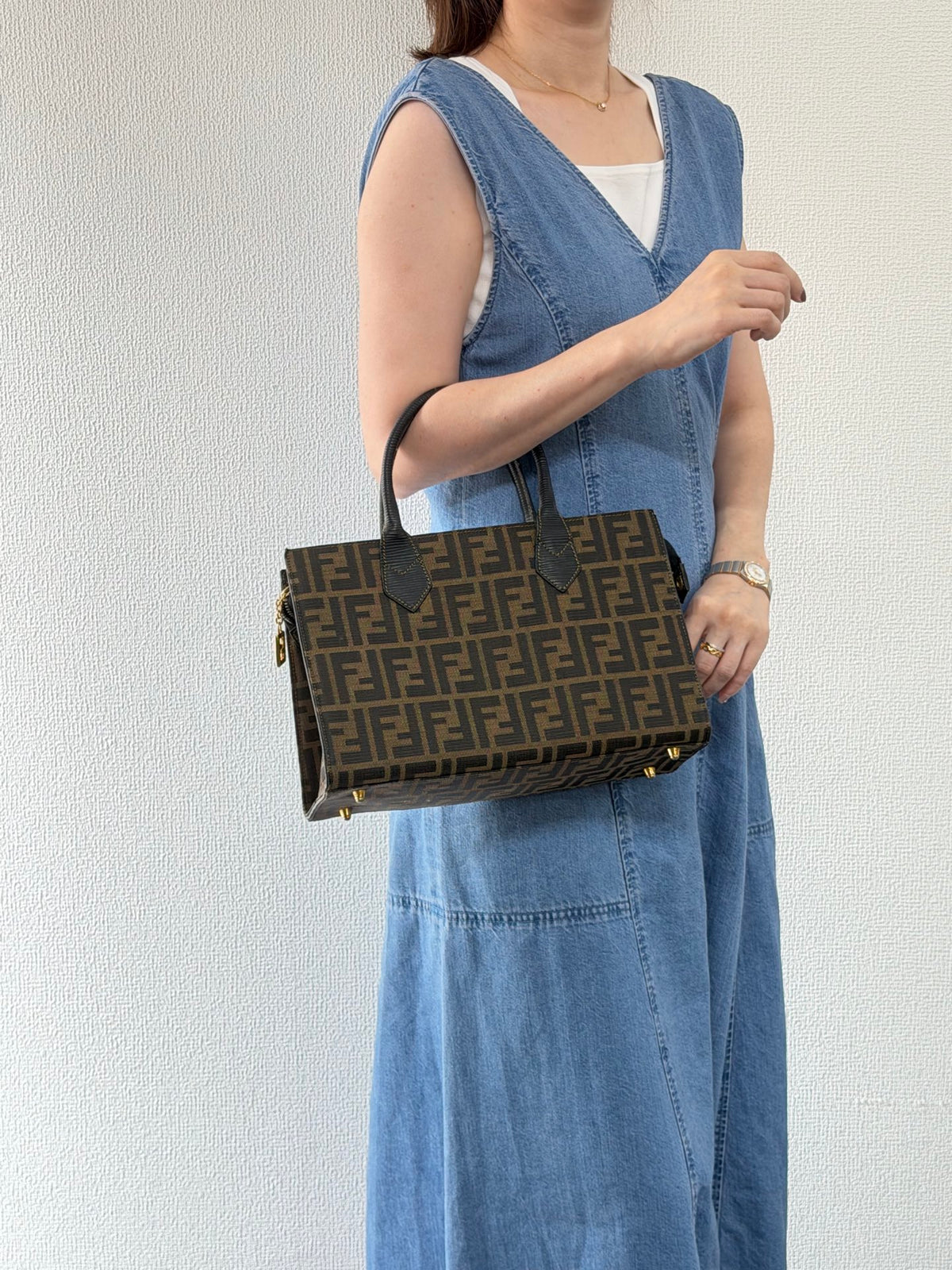 Fendi Vintage Zucca FF Pattern Canvas Leather Tote Handbag