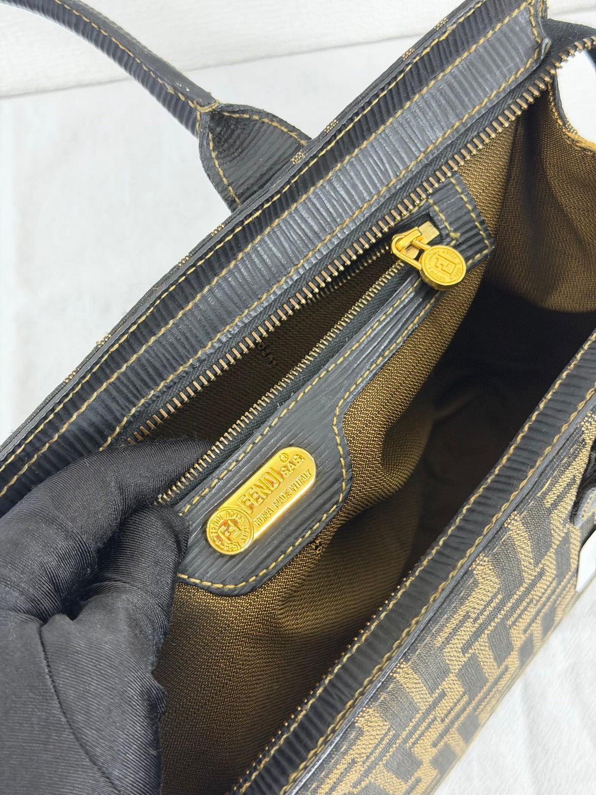 Fendi Vintage Zucca FF Pattern Canvas Leather Tote Handbag