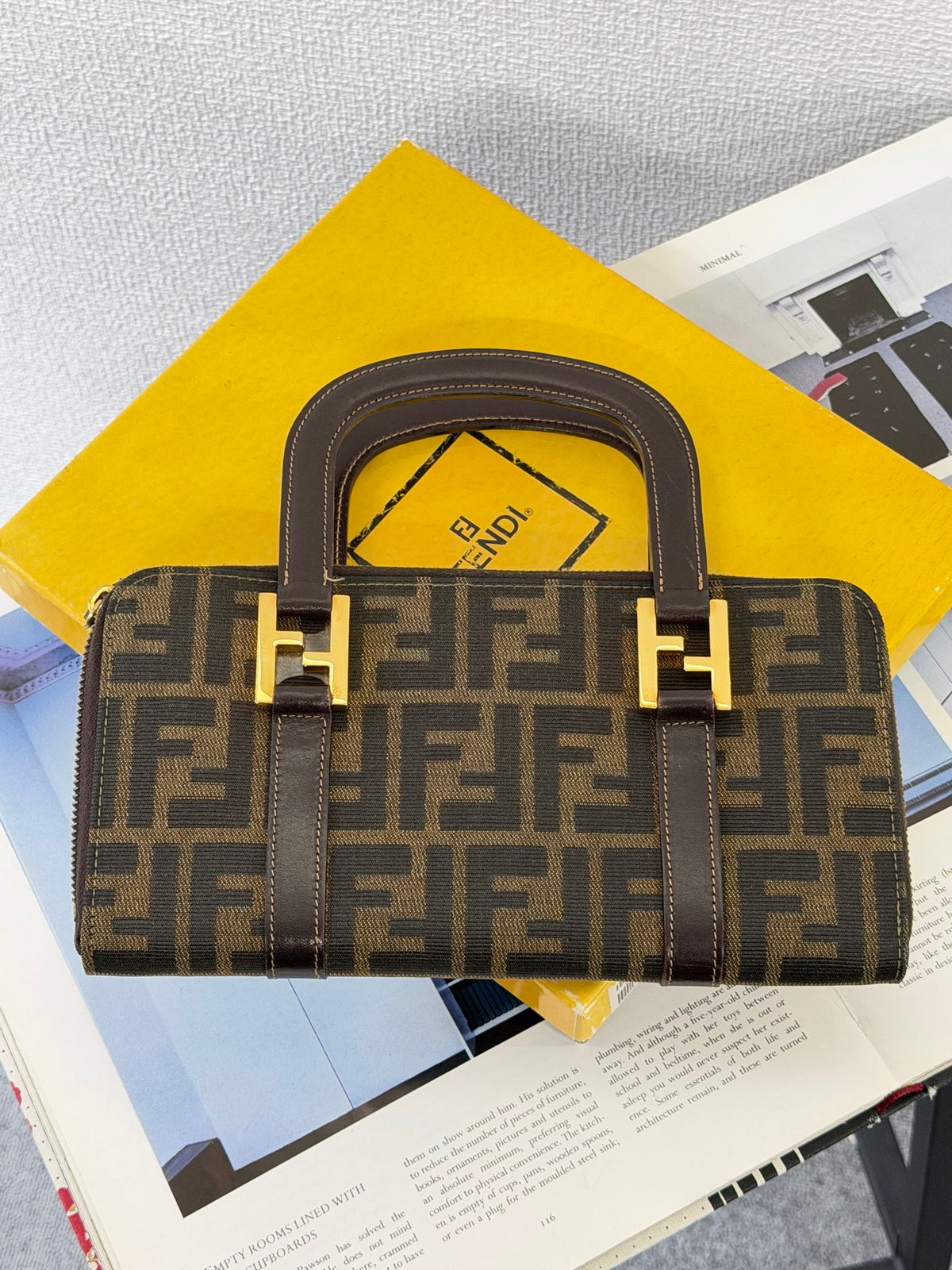Fendi Zucca Canvas Top Handle Zip Around Wallet Bag