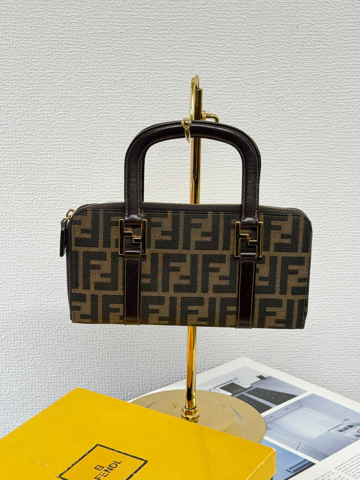 Fendi Zucca Canvas Top Handle Zip Around Wallet Bag