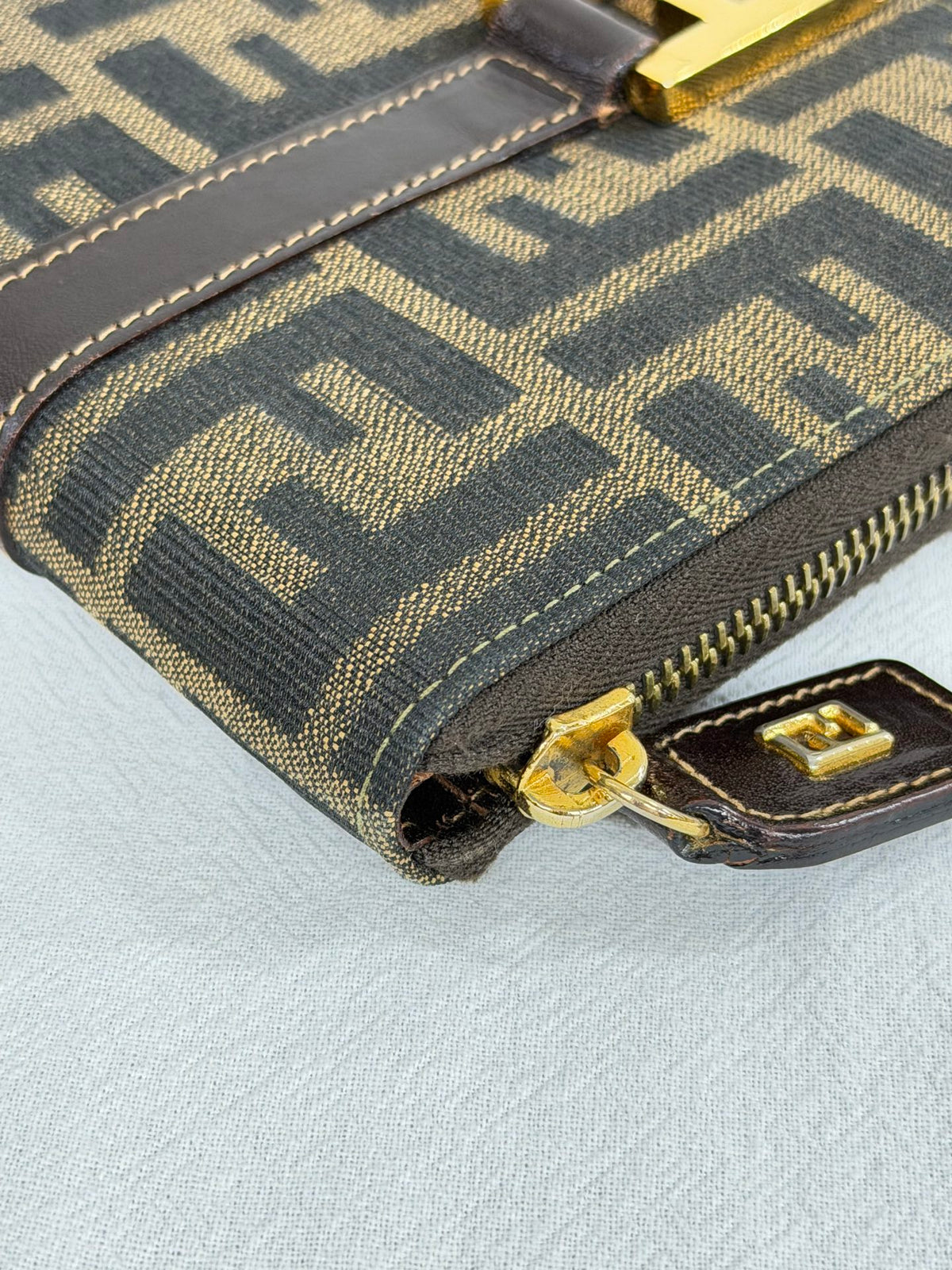 Fendi Zucca Canvas Top Handle Zip Around Wallet Bag