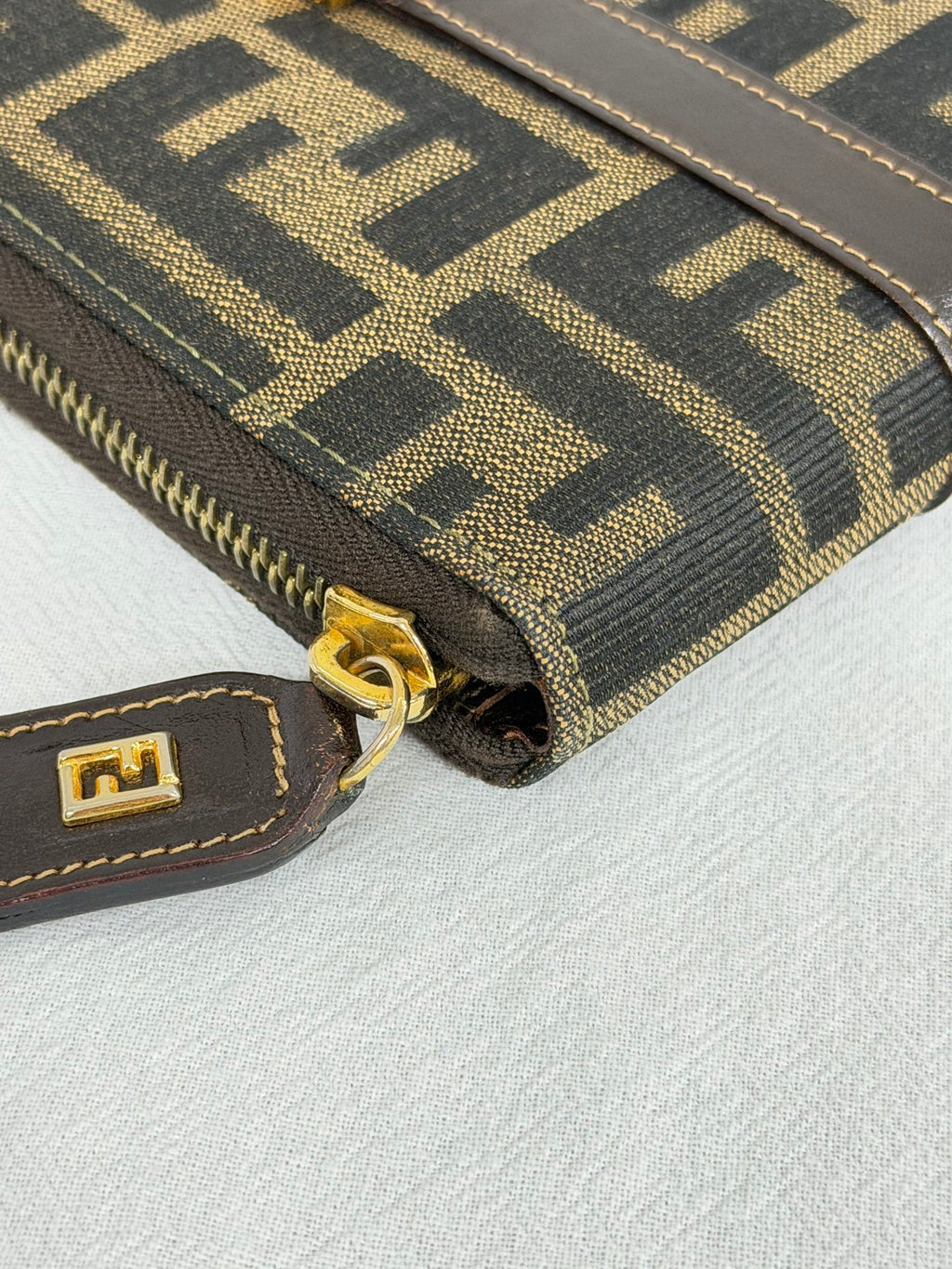 Fendi Zucca Canvas Top Handle Zip Around Wallet Bag
