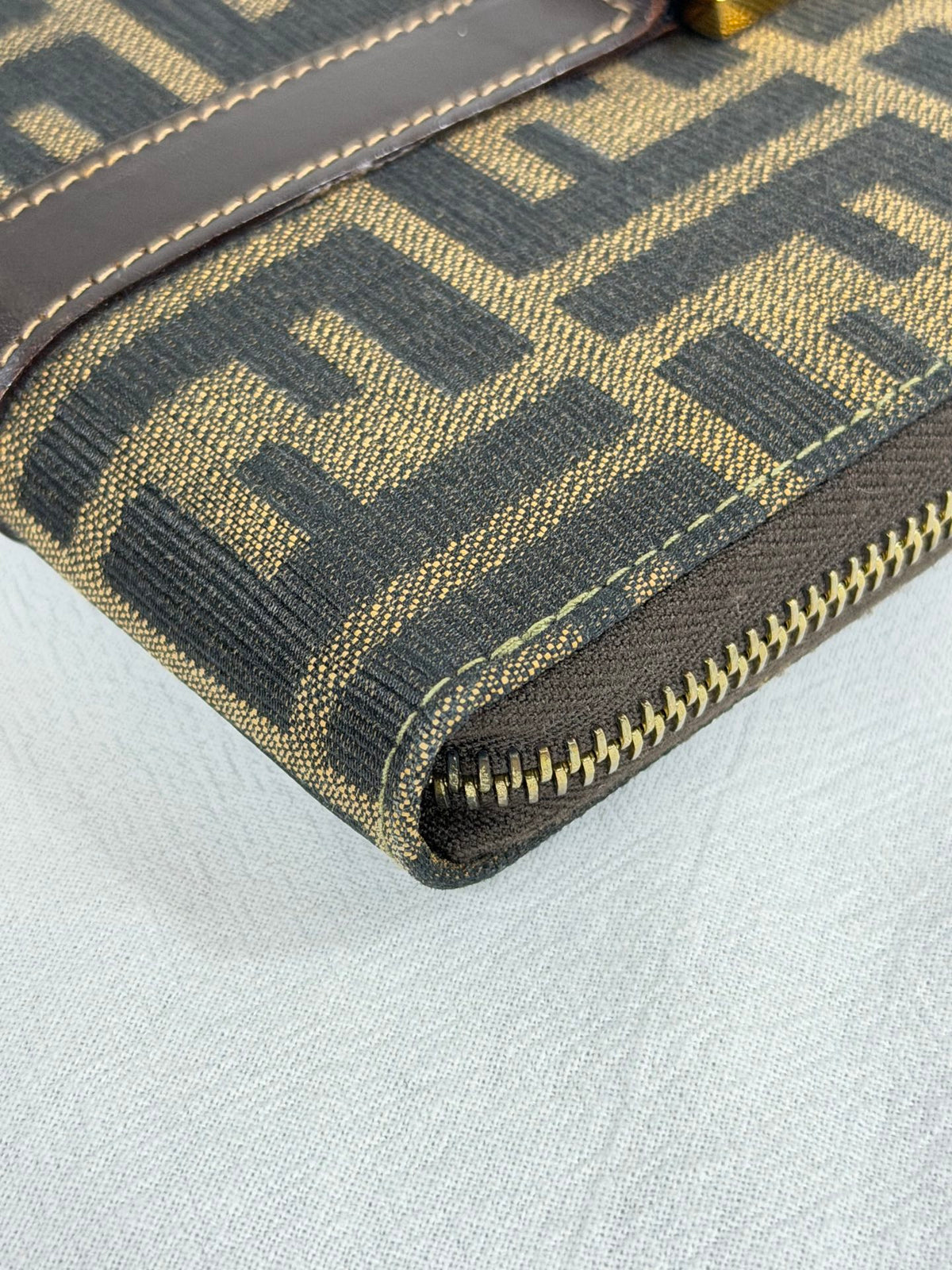 Fendi Zucca Canvas Top Handle Zip Around Wallet Bag